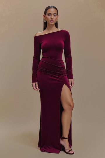 Burgundy Satin Long Sleeves Formal Dress with Slit